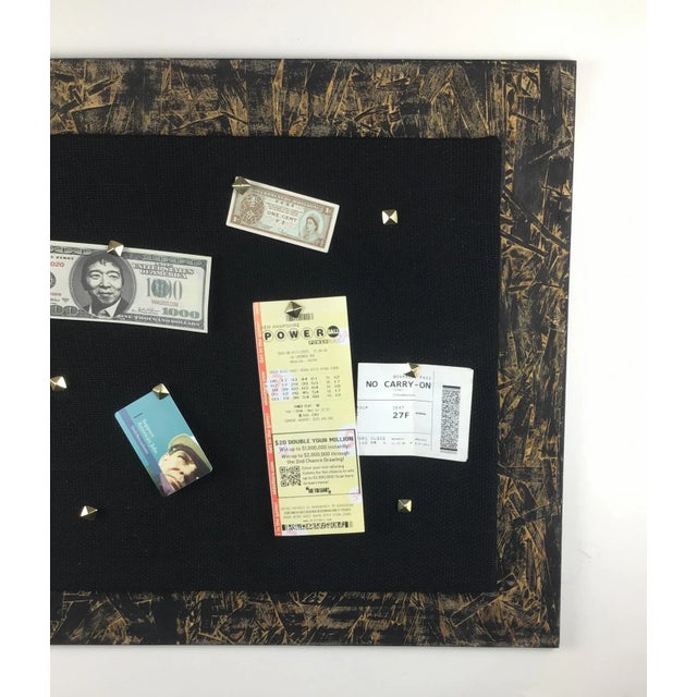 2010s Artisan Ink Stained Wood and Burlap Bulletin Board With Pushpins For Sale - Image 5 of 11