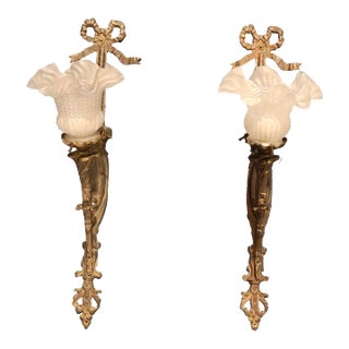 Late 19th Century French Louis XVI Revival Wrought Iron Ribbon Bow Wall Sconces With Ruffled Glass Shades - a Pair For Sale