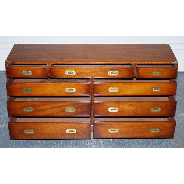 Vintage Yew Wood Military Campaign Sideboard Bank of Drawers with Brass Handles For Sale - Image 10 of 18