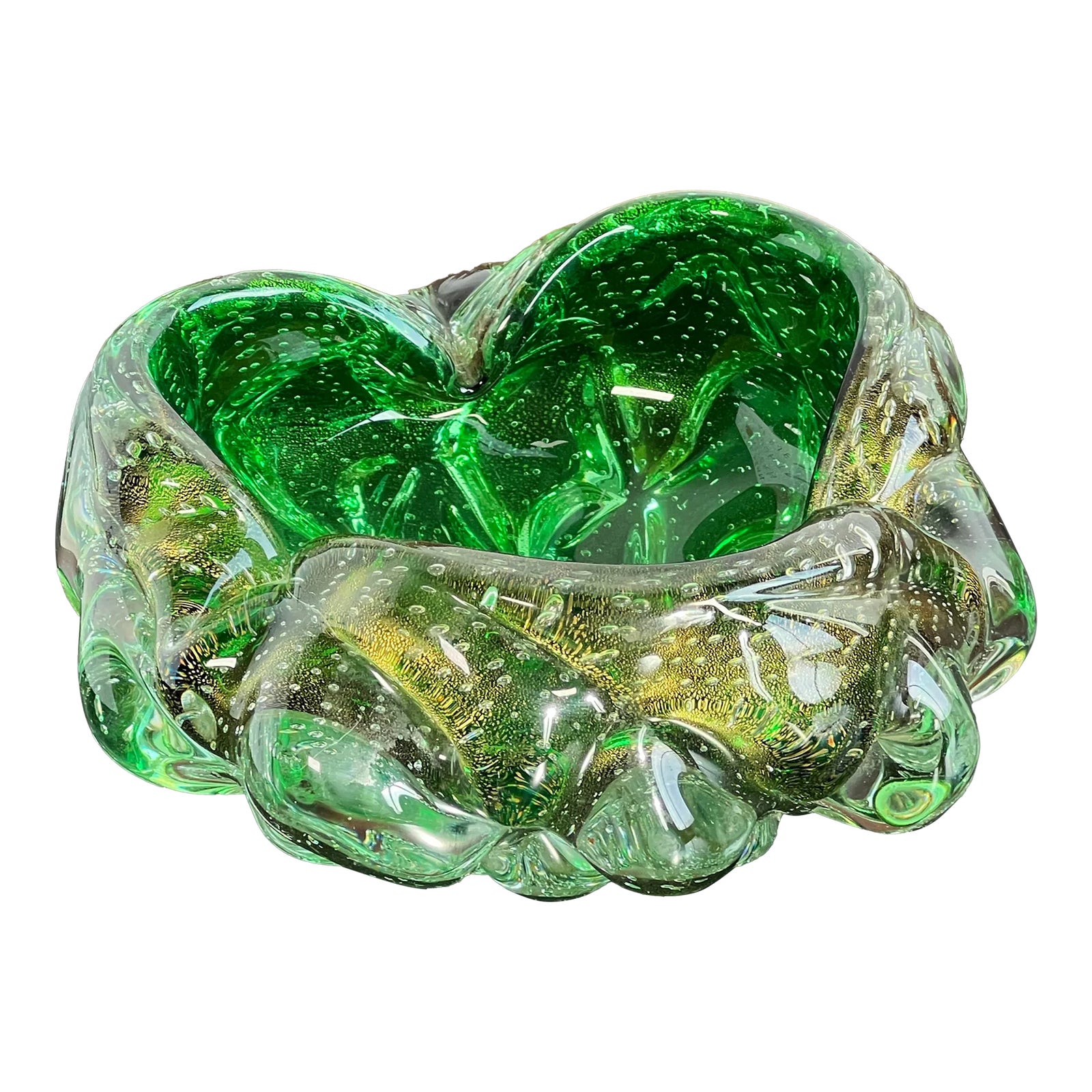 Vintage Italian Modern Barovier & Toso Green & Gold Murano Glass Catchall Bowl