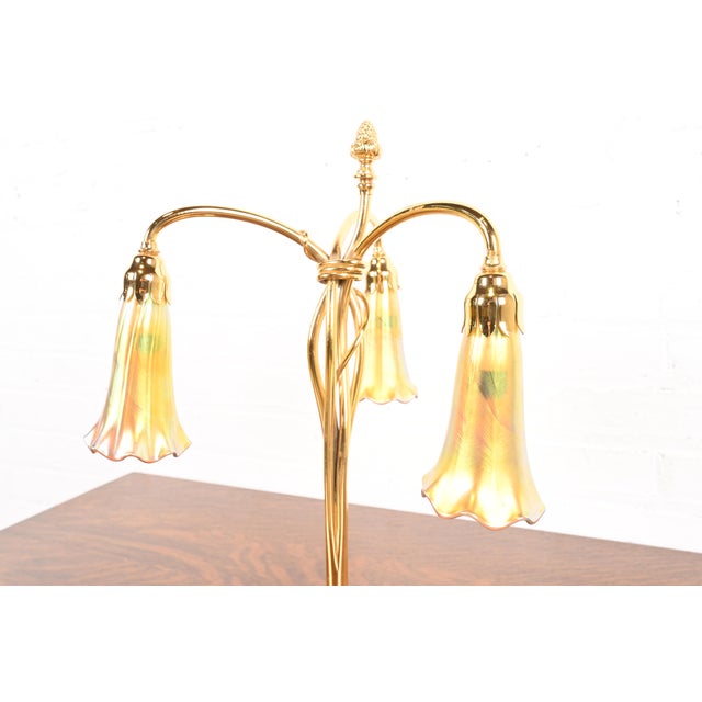 Tiffany Studios New York Gilt Bronze Three-Light Lily Table Lamp For Sale In South Bend - Image 6 of 12