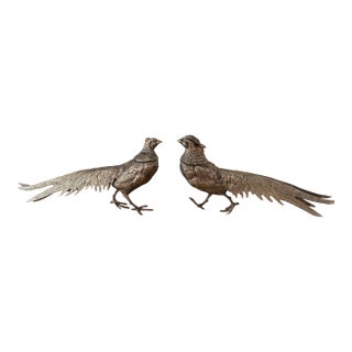Pair of Antique French Silvered Metal Pheasants, Large-Scale Decorative Game Birds For Sale
