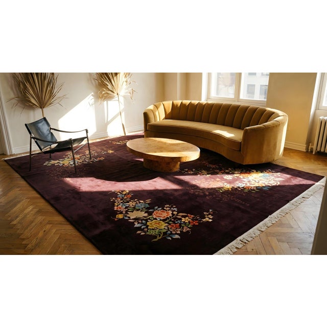 1920s Red Wine Floral Antique Chinese Art Deco Rug 8'8" X 11'4" Knotted Pile Wool Carpet For Sale - Image 15 of 15