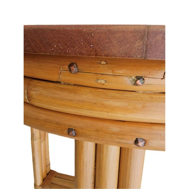1940s 1940s Restored Round Rattan & Mahogany 3 Strand End Table W/ Copper Nailheads For Sale - Image 5 of 7