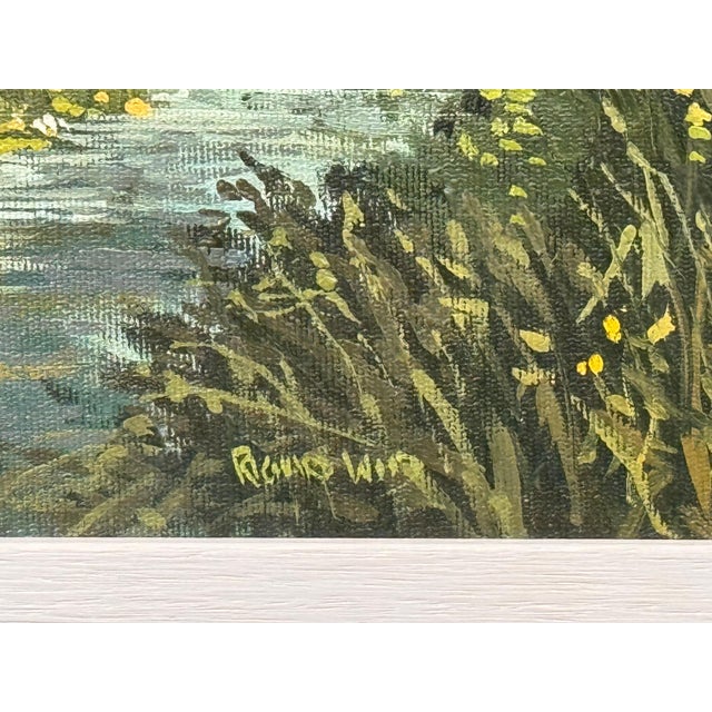 Realism English Countryside Oil Painting with Thatched Cottage, River & Cows Grazing 1985 Circa For Sale - Image 3 of 15