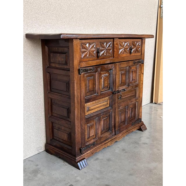 Late 19th Century 20th Century Spanish Carved Walnut Tuscan Credenza with Two Drawers, 1890s For Sale - Image 5 of 12