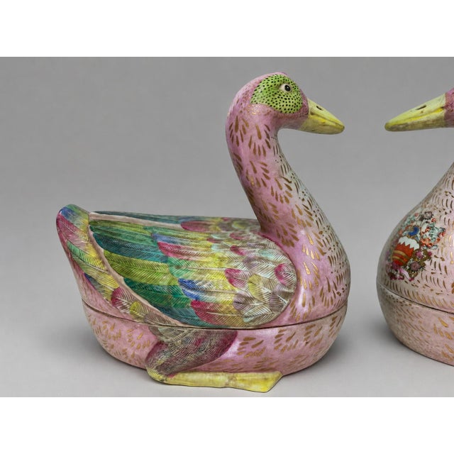 Late 20th Century Chinese Export-Style Famille Rose Armorial Porcelain Duck-Form Covered Tureens - a Pair For Sale - Image 11 of 11