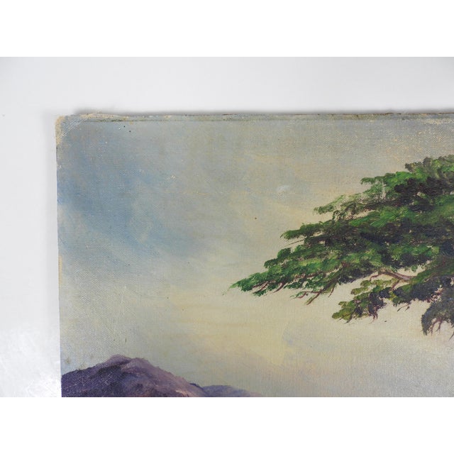 Early 20th century oil on canvas board painting of a seaside landscape with lone tree and mountains. Unsigned. Unframed,...
