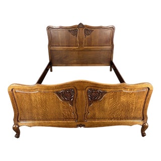 Vintage French Louis XVI Style Oak Double Bed Frame with Carved Headboard For Sale