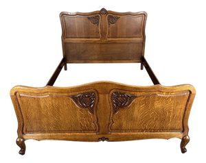 Vintage French Louis XVI Style Oak Double Bed Frame with Carved Headboard