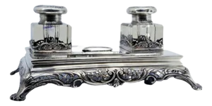 Silver Inkwell with Reservoirs and Tray with Flowers and Palms