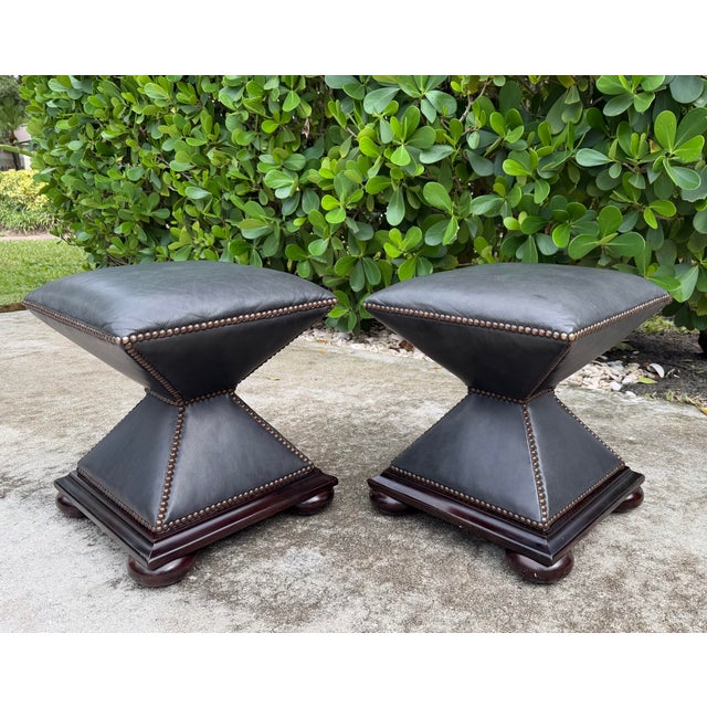 Art Deco Vintage Baker Leather Hourglass Footstools With Nailhead Trim, Pair For Sale - Image 3 of 13