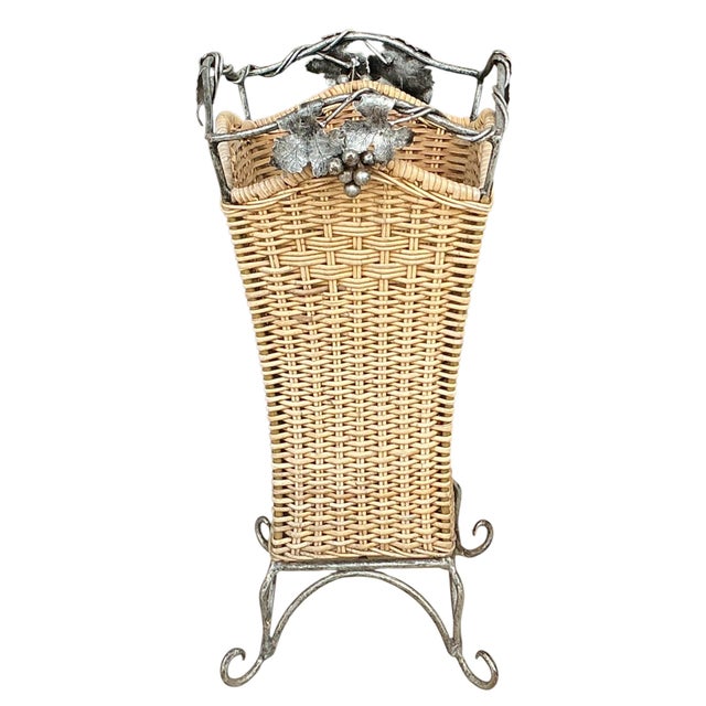 1980s Garden Iron and Wicker Plant Stand Console Table With Mirror & Umbrella Stand For Sale - Image 5 of 10