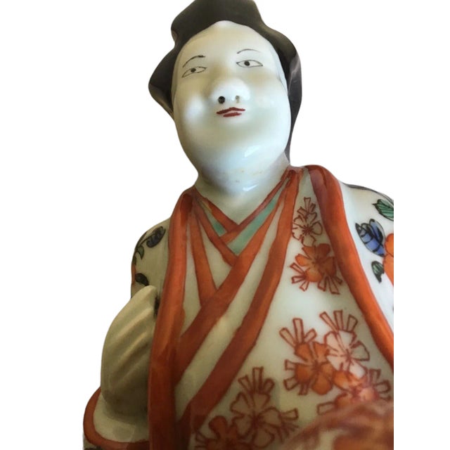Vintage Sitting Asian Male Handcrafted Hand Painted Glossy Porcelain Figurine For Sale In Los Angeles - Image 6 of 8
