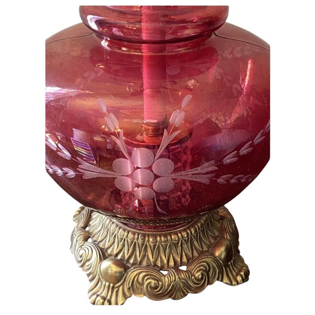 1970s Hollywood Regency Cut Ruby Glass & Crystal Prism Globe Table Lamp Light Up Base For Sale - Image 9 of 12