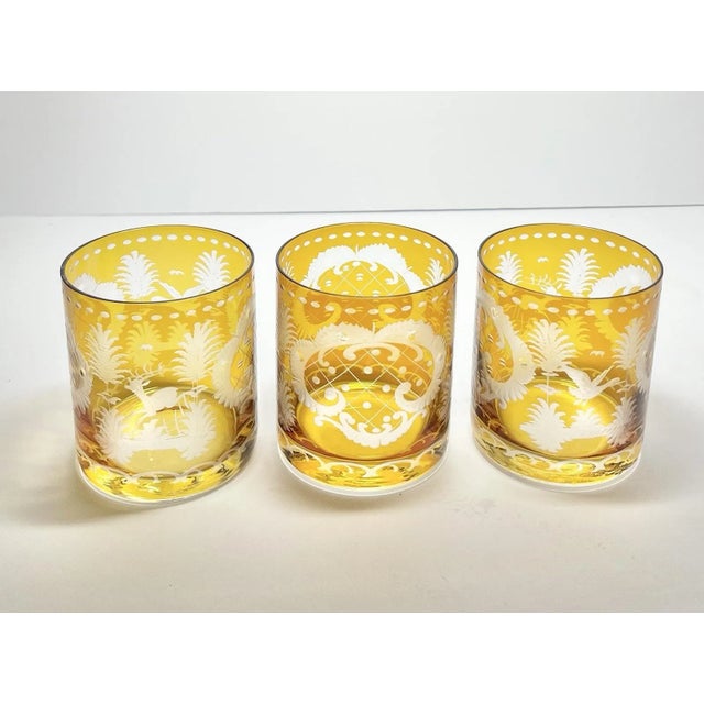 1970s Bohemian Amber Glass Cut 3 Tumbler Cocktail Glasses Wildlife Deer Duck Excellent condition. No chips, cracks, or...