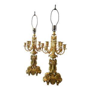 Antique Louis Xv Royal Bronze Pair Gilded Lamps Candleabra - a Pair