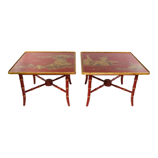 Pair of Vintage Chinoiserie Red Lacquer Side Tables With Faux Bamboo Legs For Sale