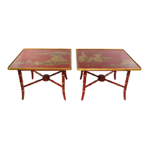 Pair of Vintage Chinoiserie Red Lacquer Side Tables With Faux Bamboo Legs