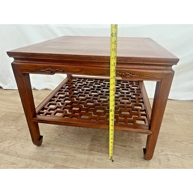 1960s MCM Ming Style Wood Coffee / End Table With Open Geometric Fretwork Lower Shelf For Sale - Image 10 of 12