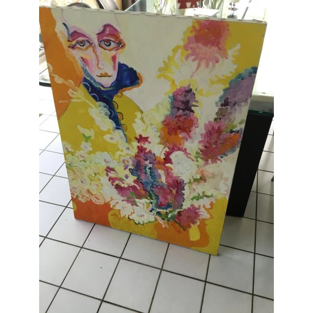 “Woman With Bouquet “ 1980 Vintage Large Oil on Canvas by Connie Aronson For Sale In Providence - Image 6 of 11