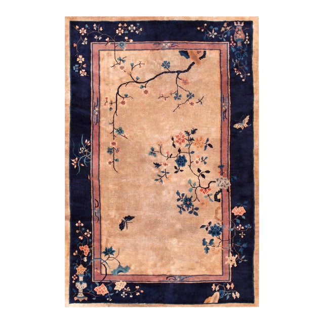 1920s Beige Floral Modern Antique Chinese Art Deco Rug 5' X 7'8" Hand Knotted Wool Carpet For Sale