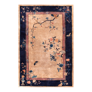 1920s Beige Floral Modern Antique Chinese Art Deco Rug 5' X 7'8" Hand Knotted Wool Carpet