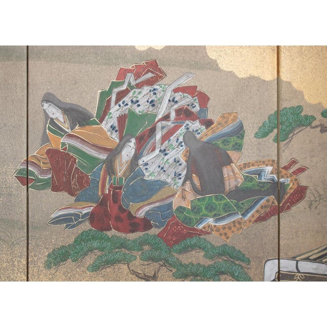 Brass "Dancing Kimono Beauties", C. 1960s Shōwa Era Yamato-E Style Painted Byobu Screen For Sale - Image 8 of 18