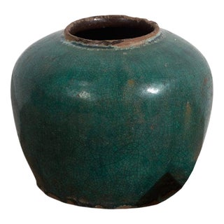 Antique Green Stoneware Vase For Sale