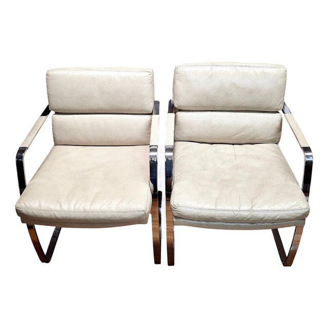 Pair of Mid-Century Modern Leather and Flat-Bar Chrome Lounge Chairs For Sale