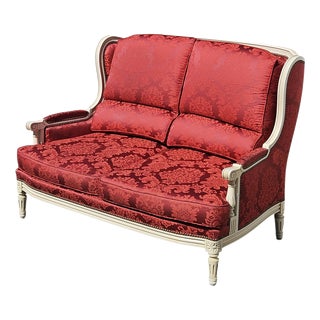 Antique Louis XVI French Damask Canape Two-Seater Settee, 1900s For Sale