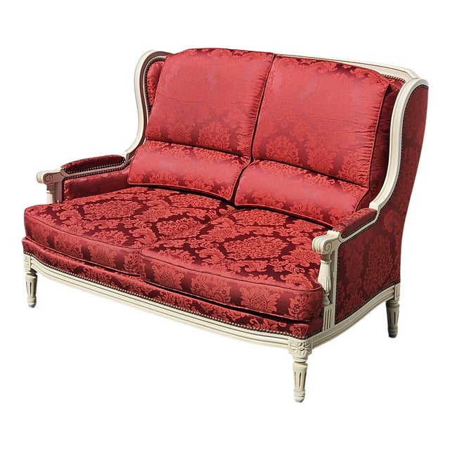 Antique Louis XVI French Damask Canape Two-Seater Settee, 1900s For Sale