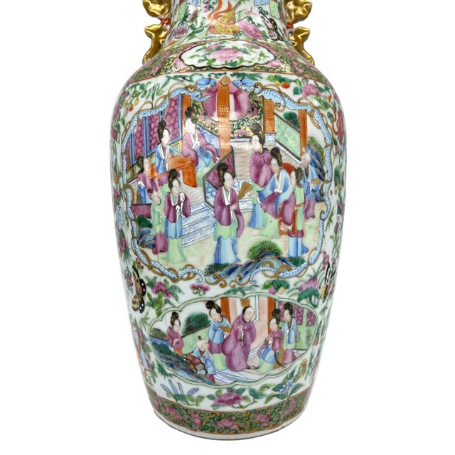 Green Canton Famille Rose Mandarin Vase, Fluted Body and Castellated Top, Ca. 1840 For Sale - Image 8 of 13
