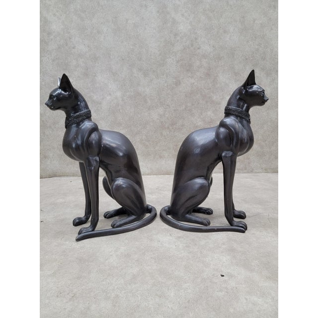 Vintage French Art Deco Style Bronze Egyptian Revival Cat Guardian Statues, Signed A. Tiot- Pair For Sale In Chicago - Image 6 of 10