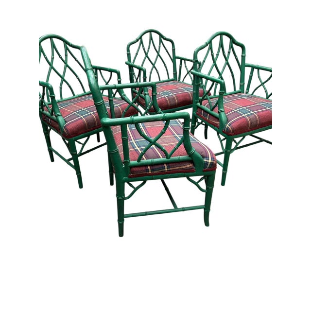 Set of Four Chinese Chippendale–Style Painted Faux Bamboo Armchairs, likely 20th century. Constructed entirely of wood in...