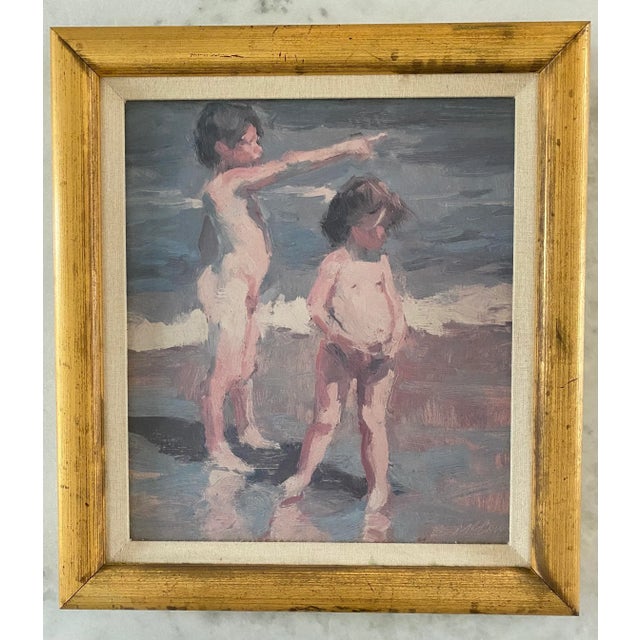 Wood Late 20th Century Painting of Children at the Beach by Dan McCaw For Sale - Image 7 of 12