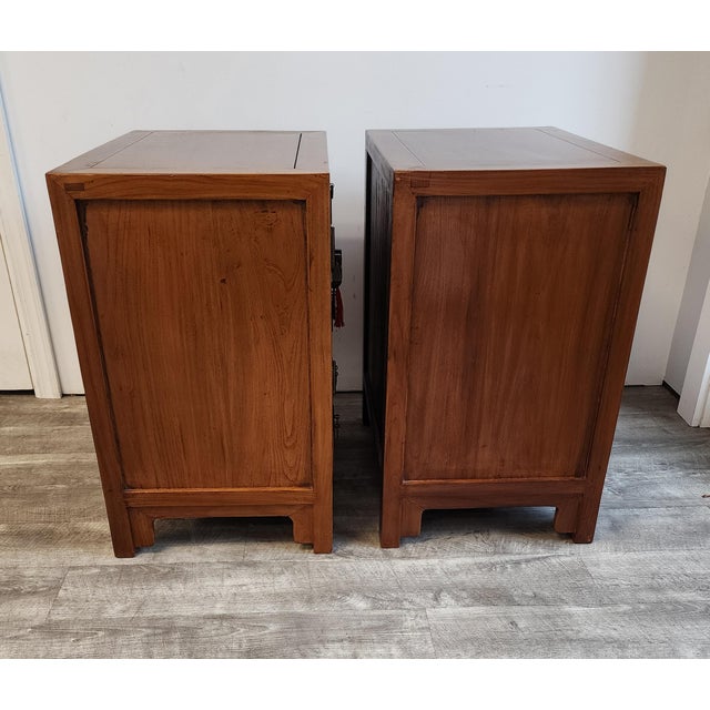 Vintage Chinese Elm Apothecary Nightstands / Bedside Cabinets - A Pair For Sale - Image 9 of 18