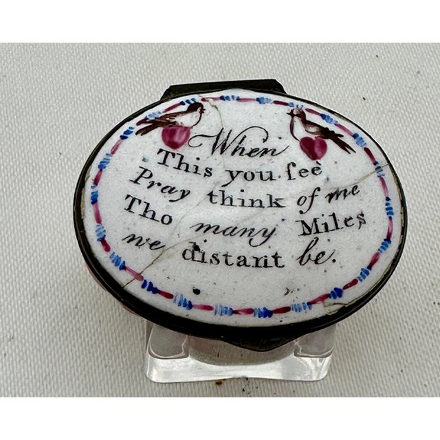 An 18th Century oval Battersea Bilston English Enamel Motto Patch Box with a wonderful sentiment. When This you fee Pray...