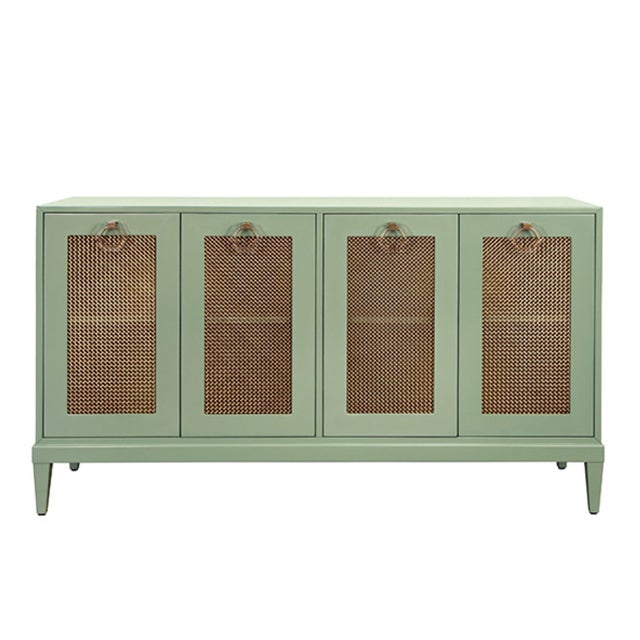 Matthew Izzo Home Marcella Glossy Sage Green Four Door Buffet With Brass Front Doors and Acrylic Door Pulls For Sale In New York - Image 6 of 6