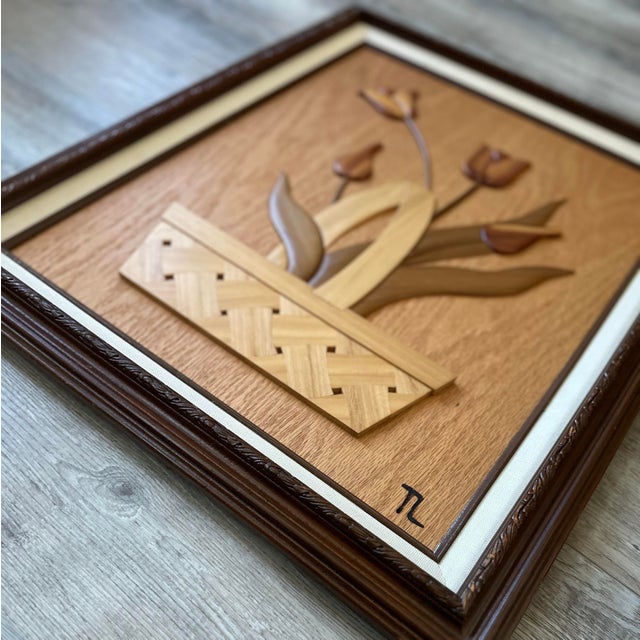 1980s Intarsia Wood Floral Wall Art Pair | Tulip and Peony Basket Carvings - Signed - Set of 2 For Sale - Image 11 of 12