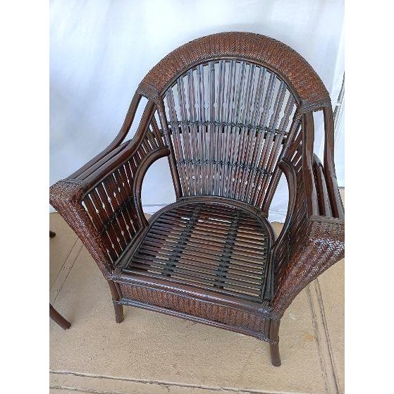Coastal 1980s Dark Brown Wicker Rattan Armchairs High Rounded Backs and Open Side Cutouts Set of 2 For Sale - Image 3 of 7