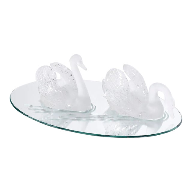 Lalique Frosted Crystal Swimming Swans Pair With Mirror For Sale