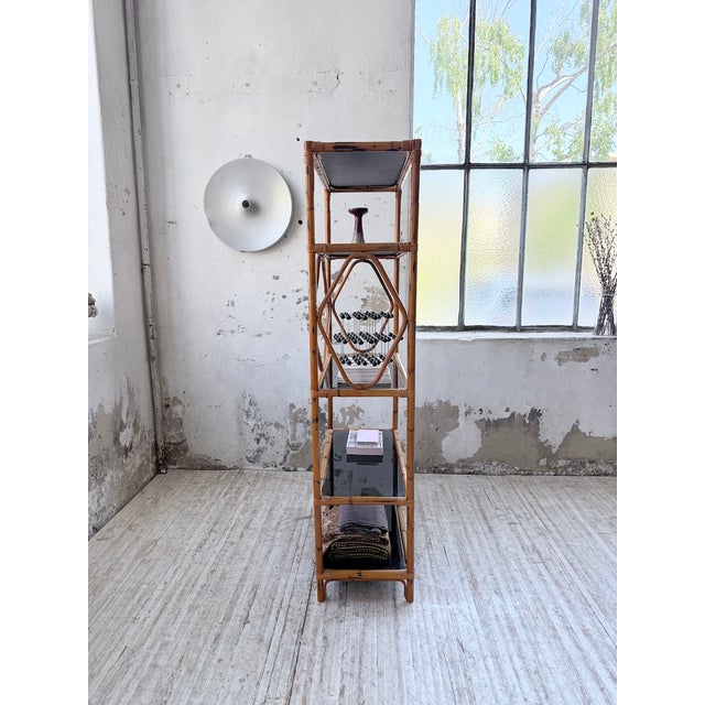 1960s Rattan and Black Glass Bookcase, 1960s For Sale - Image 5 of 18