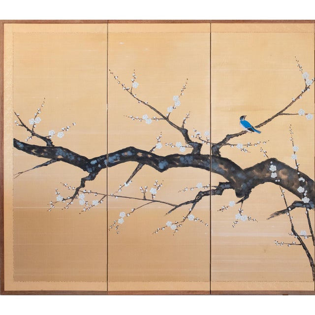 Large vintage Japanese 4-panel painted silk Byobu (folding screen), depicting Flycatcher and Sakura (blossoming cherry...