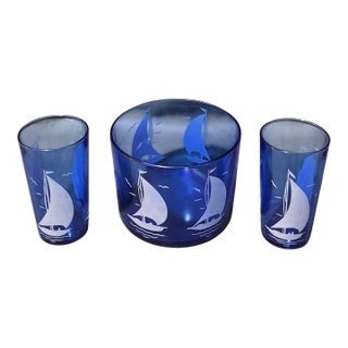 Vintage Hazel Atlas Sportsman Cobalt Blue Nautical Sail Boat Ice Bucket Two Glasses For Sale
