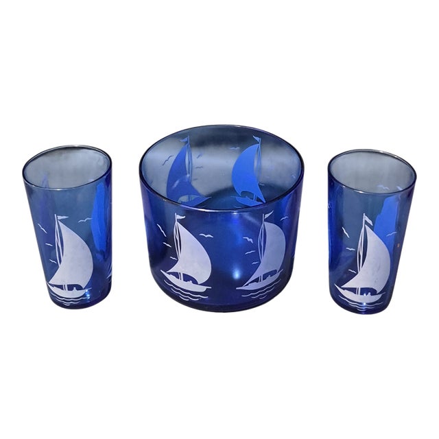 Vintage Hazel Atlas Sportsman Cobalt Blue Nautical Sail Boat Ice Bucket Two Glasses For Sale