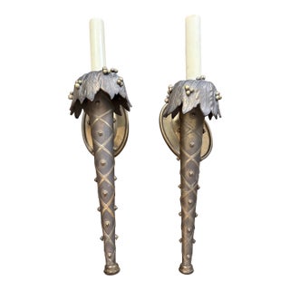 1990s Chapman Pair of Antique and Bronze Style Torch Wall Sconces For Sale