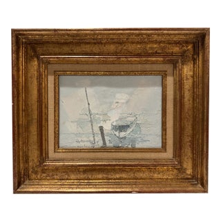 Original Signed Frech Impasto Oil Painting Boat on Lake Gilt Frame For Sale