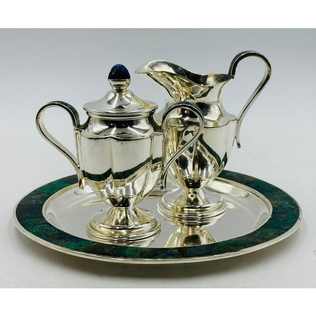 1960s Los Castillo Taxco Silver Azurite Malachite Creamer Sugar Tray Set, Mexican Mod For Sale In Los Angeles - Image 6 of 18