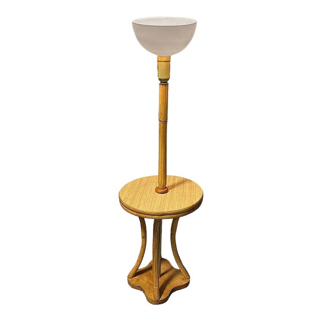 Restored Rattan & Mahogany Hourglass Side Table Torchiere Floor Lamp For Sale